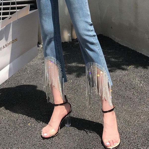 

trendy beading rhinestone cotton flare jean pants women slim fit crystals chain dangle tassels decoration denim jeans mujer women's, Blue