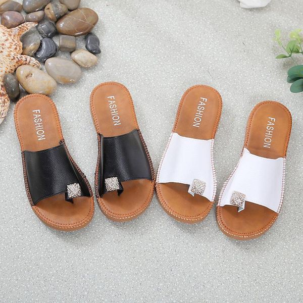 

slippers size 35-40 basic women pu soild toe strap crystal decor ladies slides summer outdoor beach flip flops, Black