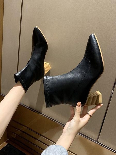 

boots elegant women ankle shoes block high heels sock square toe chunky zipper lady autumn winter party, Black