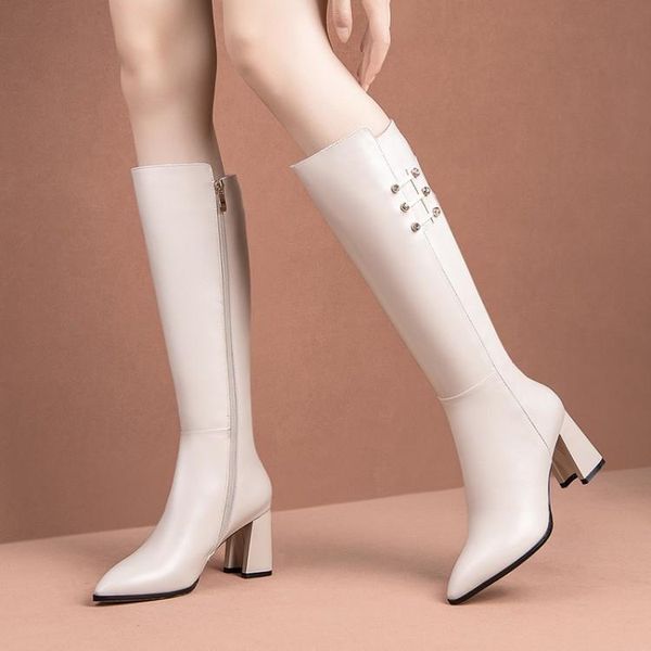 

boots high heel fashion soled thick autumn and women's pointed rubber buckle decorative leather, Black