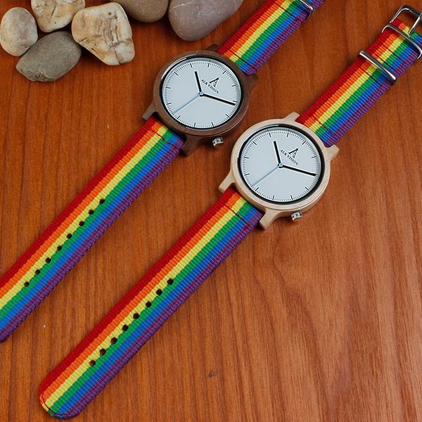 

wristwatches alk rainbow wooden watches lgbt pride nature wood quartz fashion nylon canvas casual clocks, Slivery;brown
