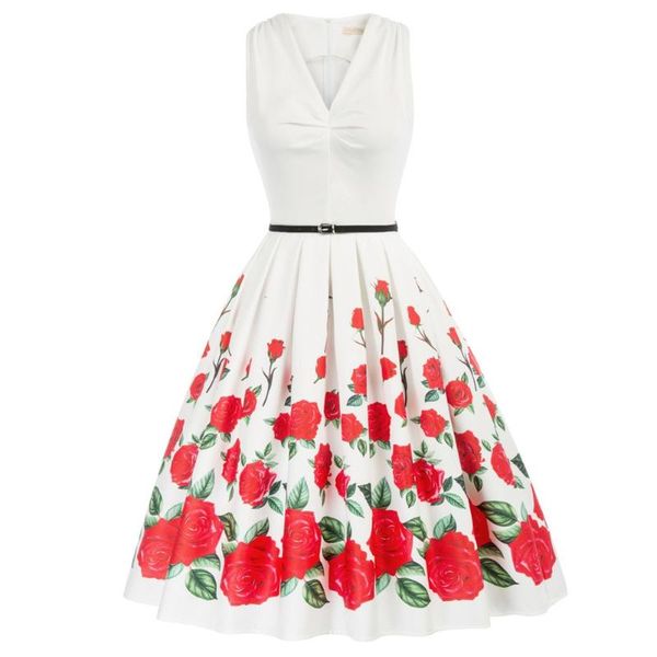 

casual dresses summer women rose floral dress clothes young ladies sleeveless v-neck cut-out shoulders pleated knee a-line, Black;gray