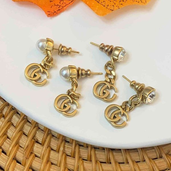 

family 2021 new pearl diamond double earrings letters old women's earrings, Golden