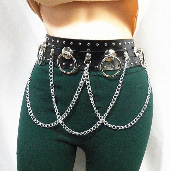 

women gothic black pu belts metal chain rivet goth cosplay punk style hip hop fashion female belt party club casual belt, Silver