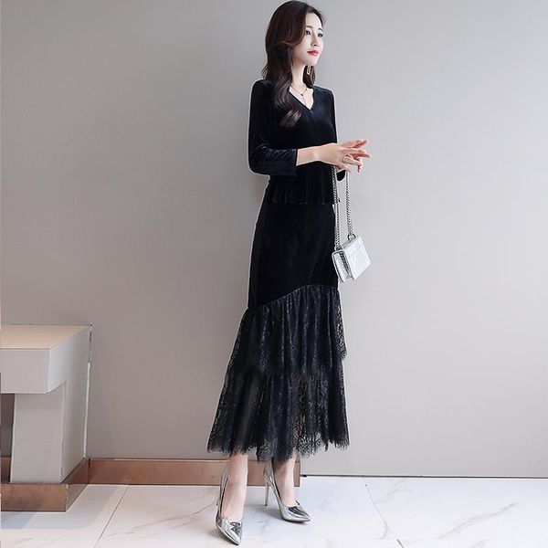 

casual dresses spring pattern long sleeves slim velvet dress wild trend simple personality fashion v-neck ankle-length lace, Black;gray