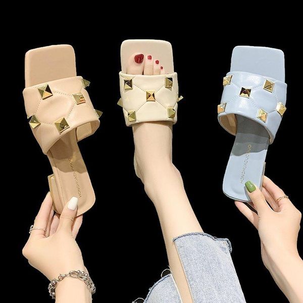 

female shoes square heel slippers casual rivet low slides 2021 block luxury flat rubber basic fabric metal decoration pu toe, Black