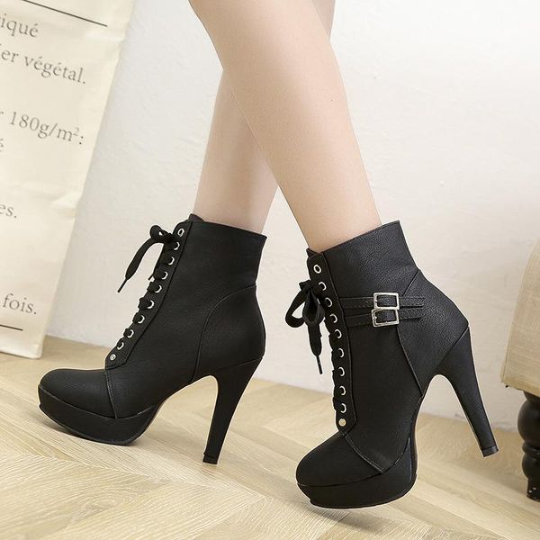 

dress shoes plus size ankle boots women platform high heels female lace up women's buckle woman short boot ladies footwear, Black
