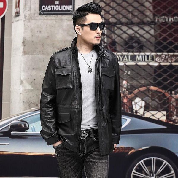 

men's leather & faux mens coat long 100% real cow windbreaker men jacket natural high-quality h73, Black