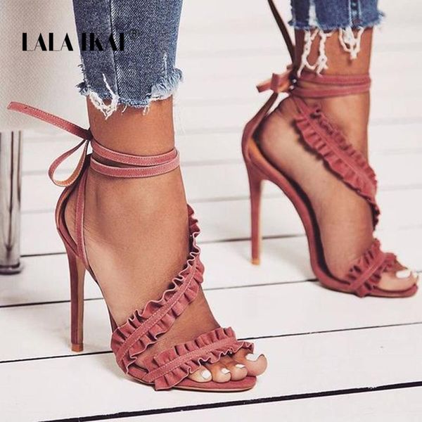 

ankle strap high heels sandals women ruffles summer shoes solid lace-up chaussure femme talon 014c1021-5, Black