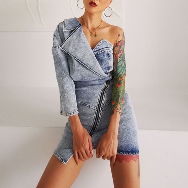 

casual dresses women bodycon denim one shoulder asymmetrical high waist mini jeans 6olt, Black;gray