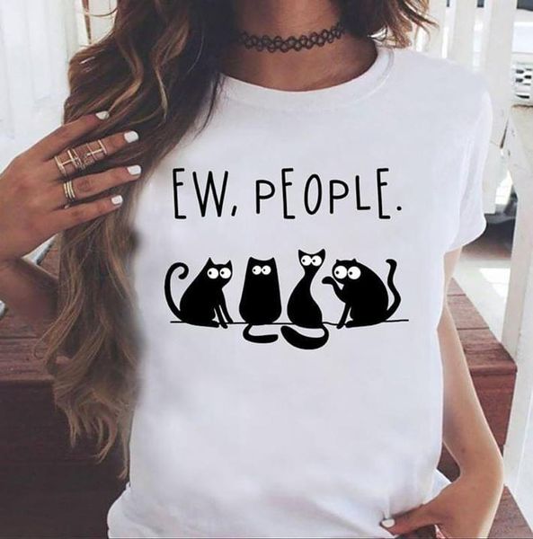 

women's t-shirt zbbrdd ew people women short sleeve o neck tshirt drop s-3xl 90s cotton funny cute cat letter print graphic for ladies, White