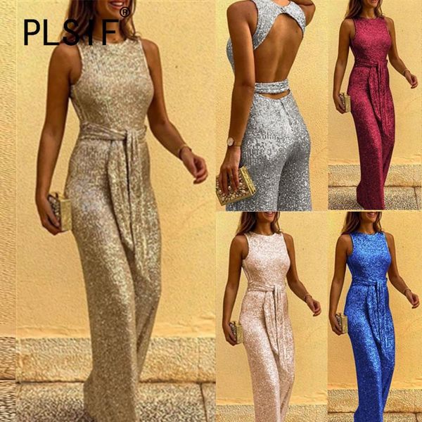 

street women o neck sleeveless romper sequin club overalls ladies full length body mujer women's jumpsuits & rompers, Black;white