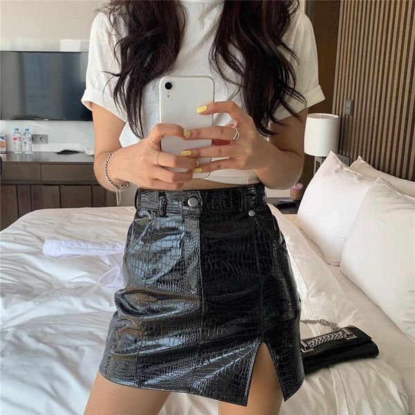 

skirts women a-line skirt pu leather solid color vintage high waist casual office work ladies korean empire mini sexy, Black