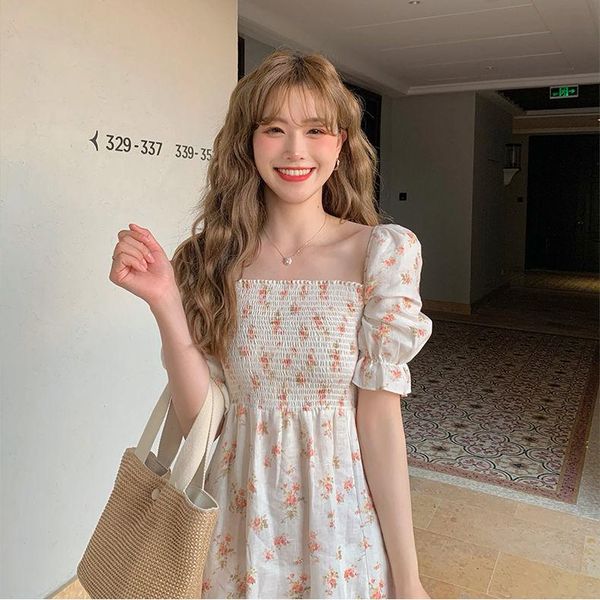 

casual dresses dress women floral sweet folds high slit short lantern sleeve stylish female sundress cute girl korean style fairy elega, Black;gray