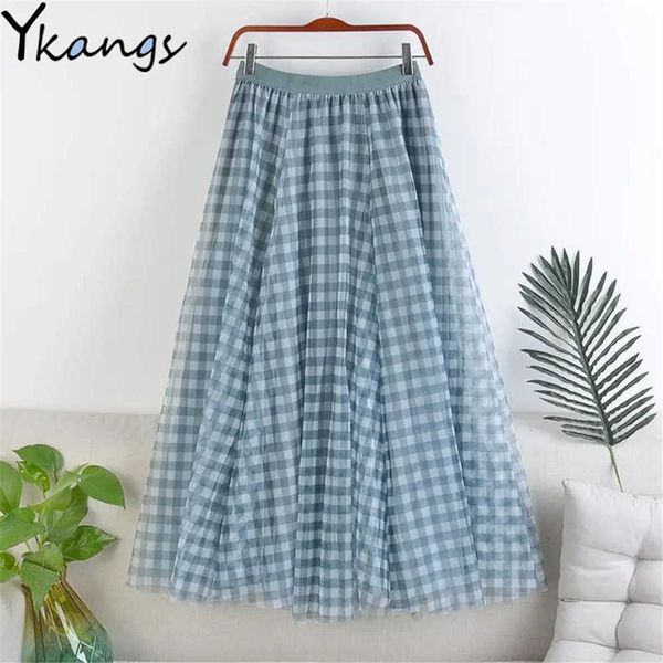 

vintage mesh plaid check pleated skirt women summer 3-layer elastic high waist long tulle skirt casual loose black faldas saia 210619