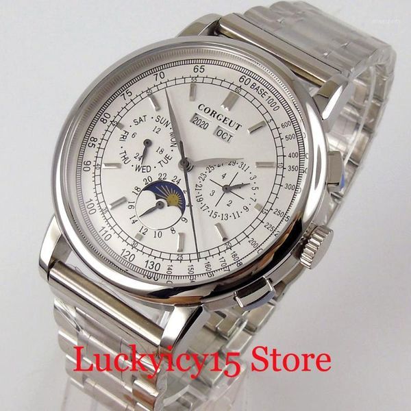 

42mm black white mechanical men watch poilt date month year indicator mental band seeing back polished case wristwatches, Slivery;brown