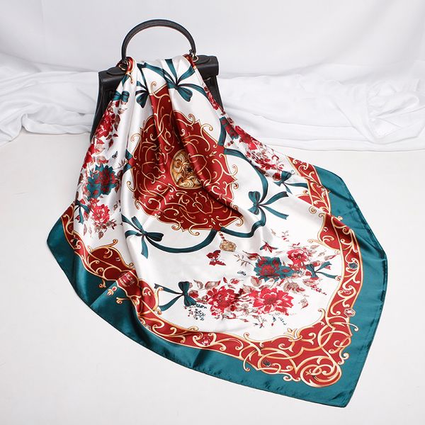 90 * 90 cm Silk Square Scarf Mulheres Cetim Impresso Handkerchief Dia Personalizado Presente Feminino Head Bandana Fashion