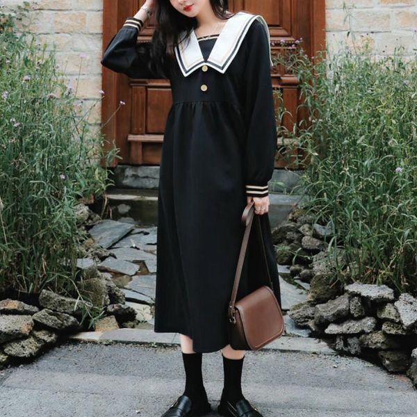 Abiti casual Abito gotico nero Donna Vintage Swee Kawaii Midi Ragazze Giapponese retrò coreano Un pezzo Fad Autunno Abbigliamento da donna