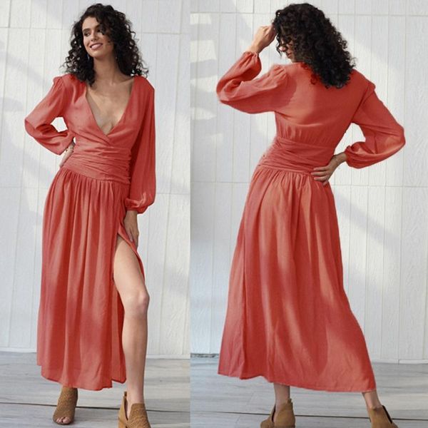 

casual dresses women v neck high waist lantern long sleeve pleated maxi dress wrap boho orange, Black;gray
