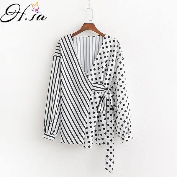 H.SS Seksi Polka Dot Bluz Kadın Ofis Lady Uzun Kollu Gömlek Siyah Beyaz Moda Gevşek Zarif Patchwork Sashes Blusa Tops 210417