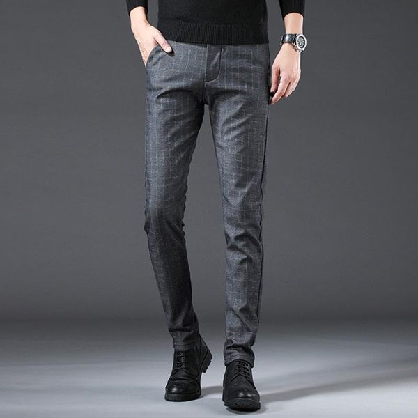 

men's pants 2021 straight loose casual trousers large size cotton fashion business suit plaid khaki grey, Black