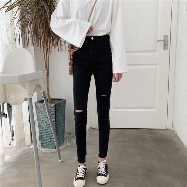 

women's jeans women black hole ankle-length high-waist denim trousers womens skinny all-match jean for girls streetwear korean style, Blue