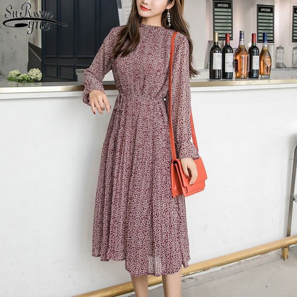 

elegant stand collar floral print chiffon dress full sleeve fashion women dresses spring a-line long pleated dress 3603 210417, Black;gray