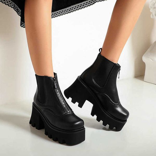 

zawsthia solid black goth boots womans chunky wedges high heels platform winter women ankle boots front zipper big size 42 43 44 210611