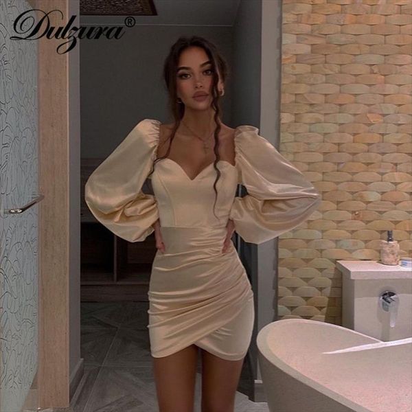 

solid satin lantern sleeve mini womens dress slit ruched bodycon party elegant streetwear club spring summer, Black;gray