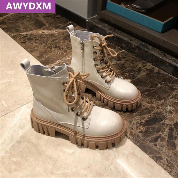 

boots 2021 platform high heels lace-up mujer motorcycle shoes fashion winter botas casual chunky designer warm snow ankle, Black