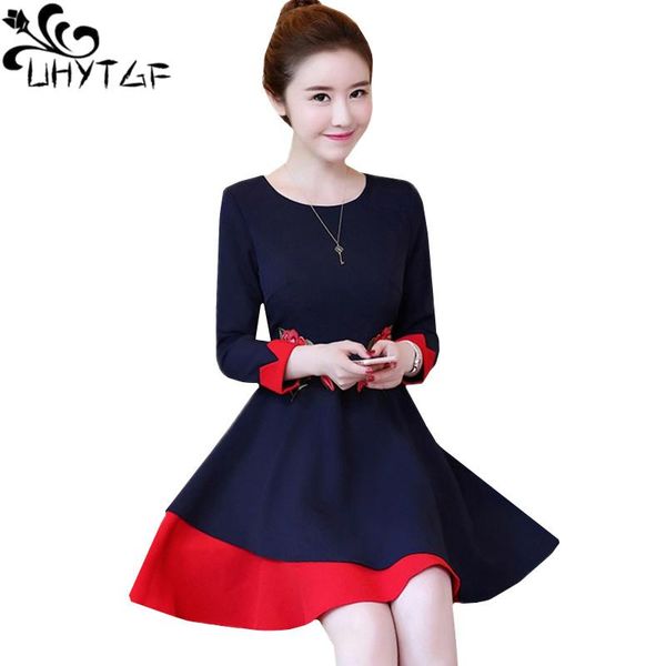 

casual dresses uhytgf autumn for womens fashion embroidery slim party dress splice ruffle elegant o neck plus size 1317, Black;gray