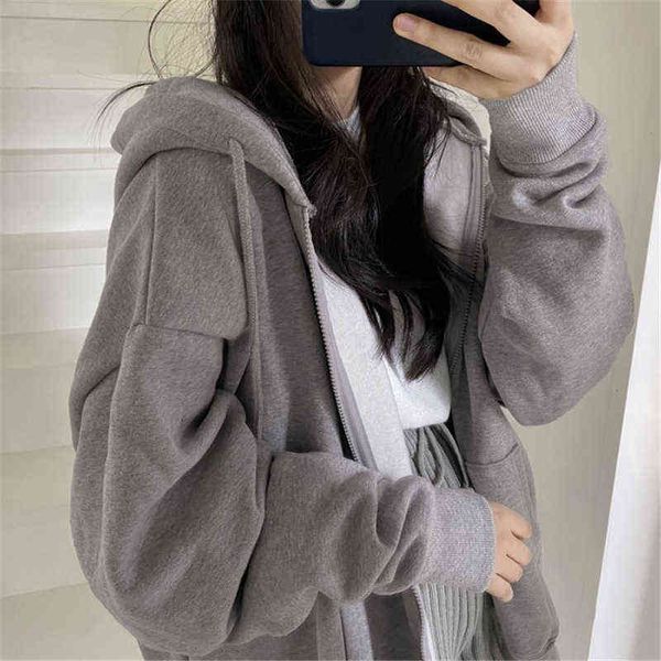 

women casual oversized sweatshirt female streetwear draw string solid color jackets hooded pocket loose zipper harajuku hoodies, Black