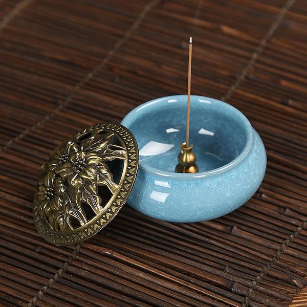 

ceramic incense burner copper cover buddha with antique alloy wire sandalwood fragrance lamps