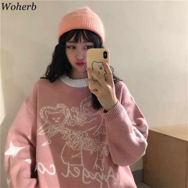 Woherb bonito malha pulôver mulher suéter outono japonês harajuku jumpers anjo cartoon streetwear casual camisolas femininas 210806