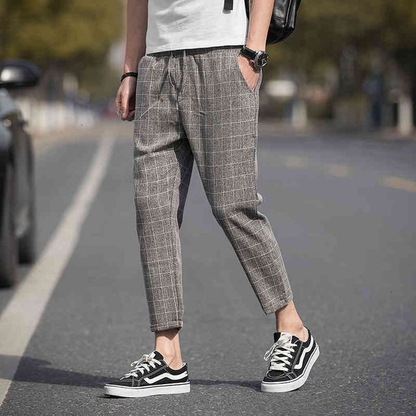 

men's pants casual ankle-length plaid trousers streetwear jogger sweatpants slim fit gk5i, Black