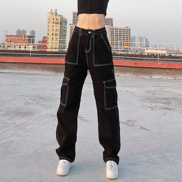 

women's jeans street pocket color contrast loose show thin straight pants vintage 2021, Blue