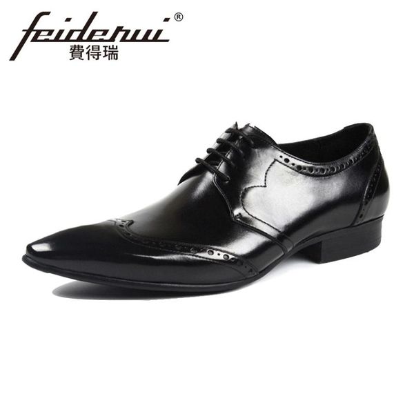 

dress shoes british style genuine leather men's carved oxfords pointed toe lace up derby male formal brogue for man ymx315, Black