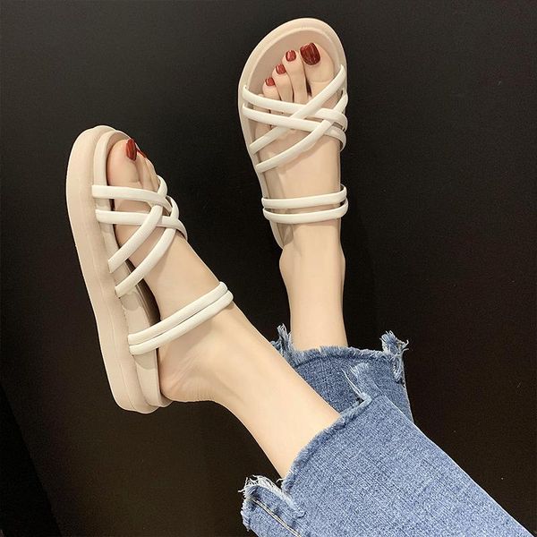 

two wearing ins student fashion 2021 summer fairy style flat bottom wild sandals female narrow band slippers shoes woman, Black