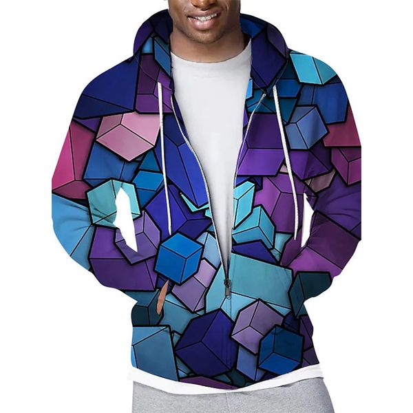 

colored squares pattern men s zip-up hoodie visual impact party punk goth round neck sweater hoodie, Black