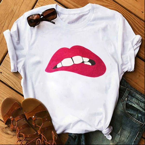 

women red lip print t shirt short sleeve o neck loose white summer tee camisetas mujer