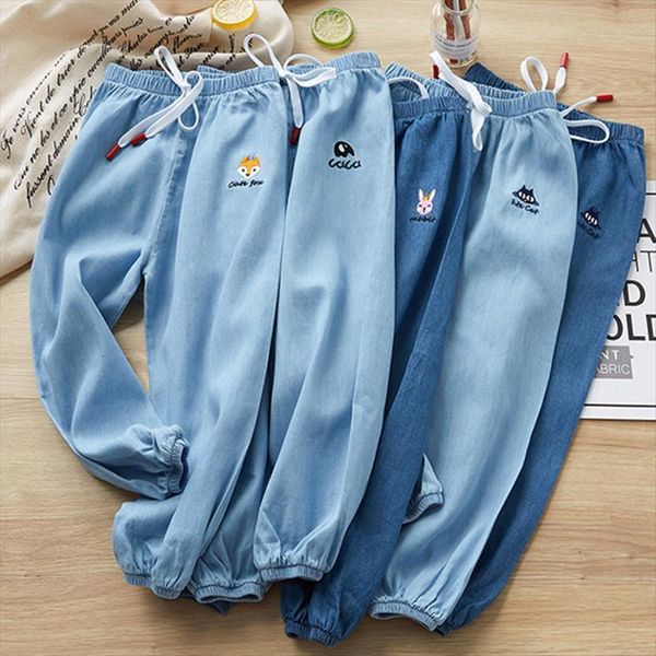 

kids clothes spring summer children anti mosquito pants boys girls cotton thin jeans baby loose cartoon bunny fox print trousers, Blue