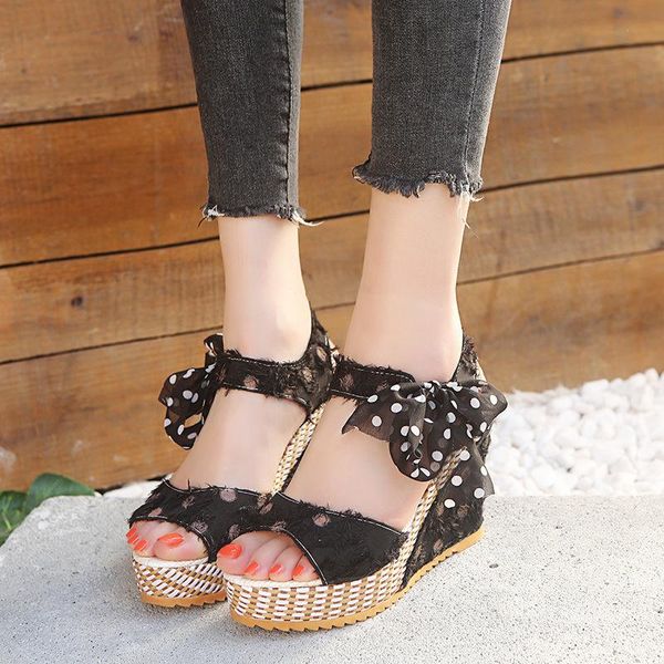 

summer roman polka dot slope heel open toe sandals women ribbon waterproof platform bow fish mouth, Black