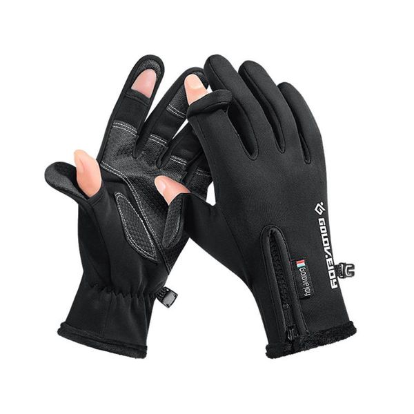 

cycling gloves winter fishing non-slip finger warmth waterproof performmance wrist tightness windproof zipper, Black