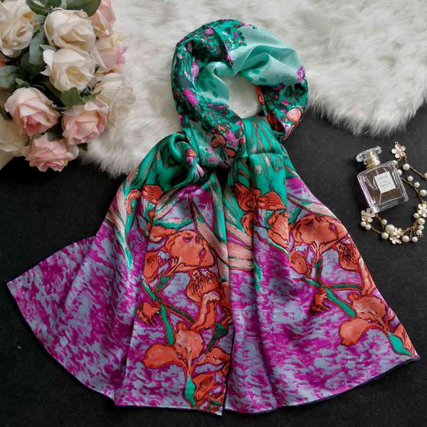 

100% natural silk scarf women van gogh's oil painting irises long scarves and shawls soft wrap foulard bandana gift for lady, Blue;gray