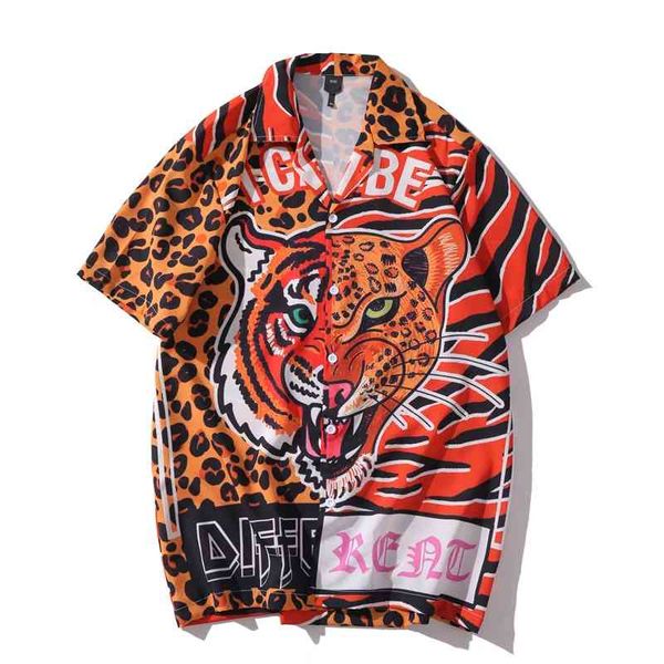 

summer men hawaiian short sleeve shirt mens casual leopard tiger print beach shirts man oversized poleras hombre hemd 210721, White;black