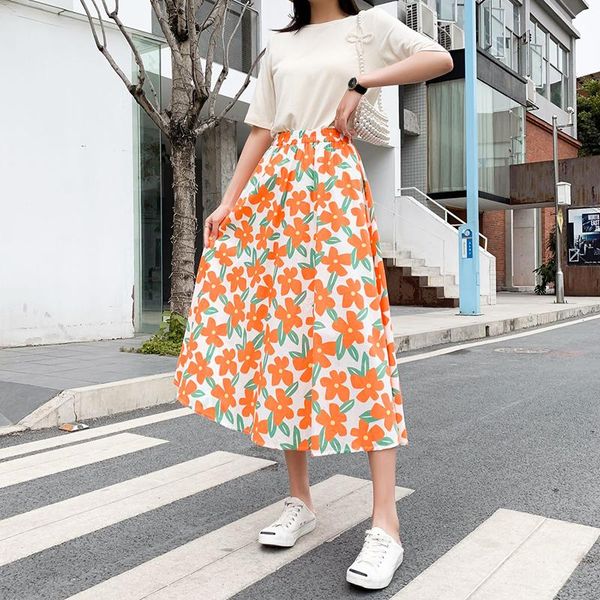 

skirts summer ladies fashion korean style high waist casual floral print swing midi skirt elegant retro faldas mujer moda 2021, Black