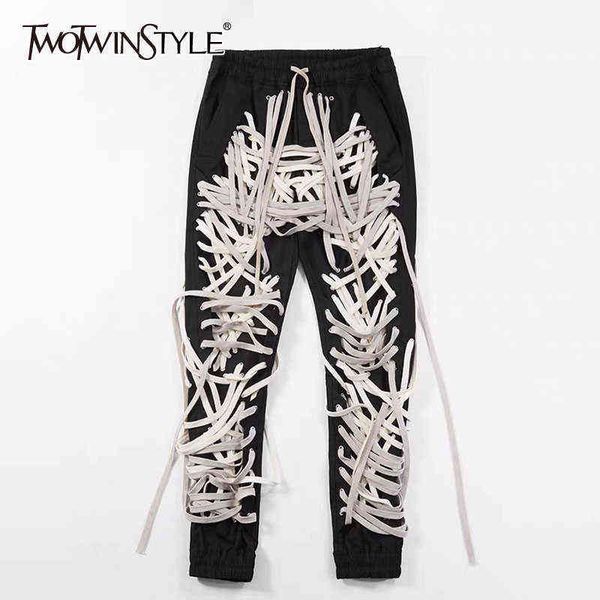 

twotwinstyle hit color patchwork bandage women's trouser high waist casual slim pants for female summer streetwear fashion 211124, Black;white