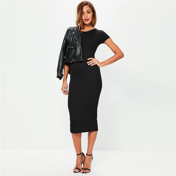

2021cotton long spring dress fashion solid o-neck short sleeve office lady summer dress plus size casual pencil vestidos party robe, Black;gray