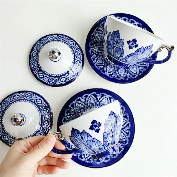 

cups & saucers single blue glaze cup and saucer set silver-plated large teacup white coffee with lid