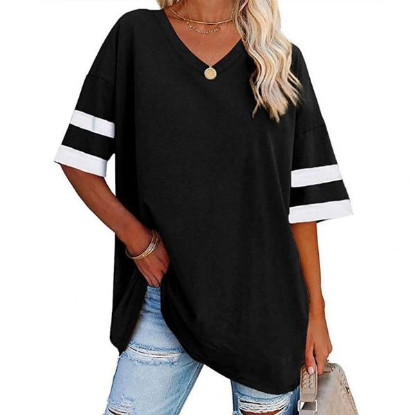 

women's t-shirt women half sleeve v-neck cool color block thin loose tee pullover, White